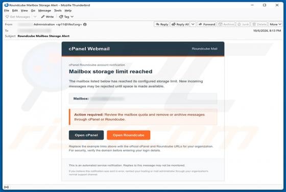 cPanel Mailbox Storage Limit Reached Email Scam