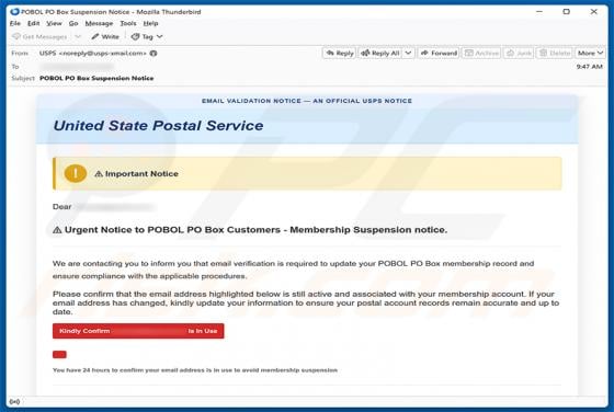 USPS POBOL Membership Suspension Notice Email Scam