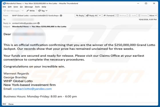 You Are The Winner Of Grand Lotto Jackpot Email Scam