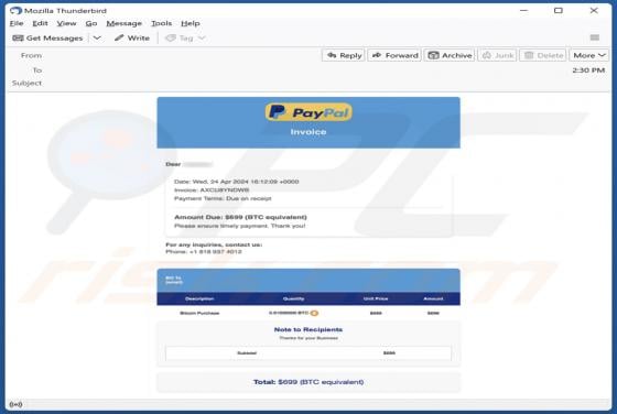 PayPal Crypto Purchase Invoice Email Scam