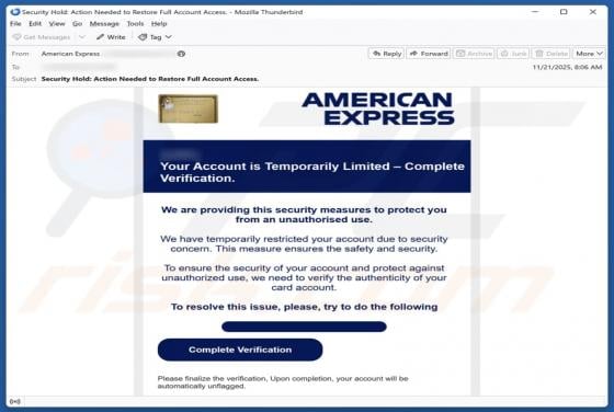 American Express - Your Account Is Temporarily Limited Email Scam