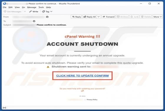 cPanel Warning - Account Shutdown Email Scam