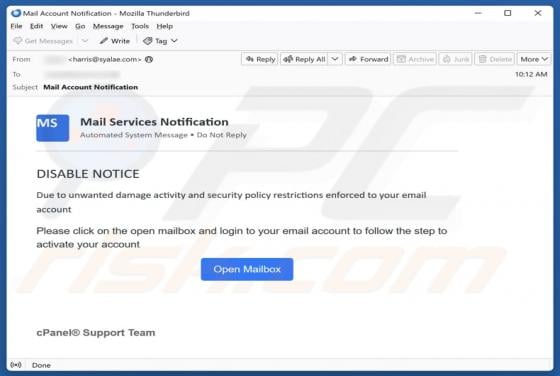 Mail Services Notification - Disable Notice Email Scam