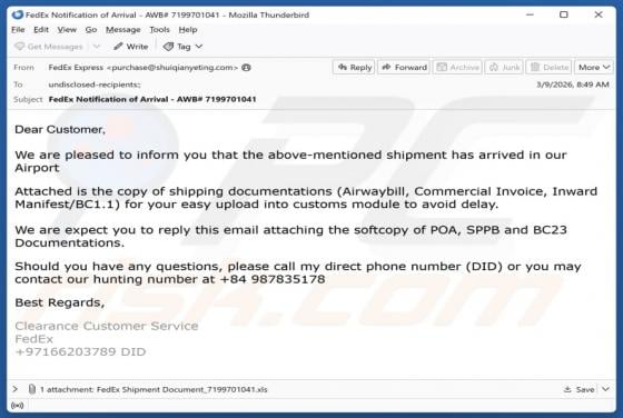 FedEx - Shipment Has Arrived In Our Airport Email Scam