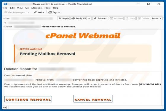 cPanel Mailbox Removal Email Scam