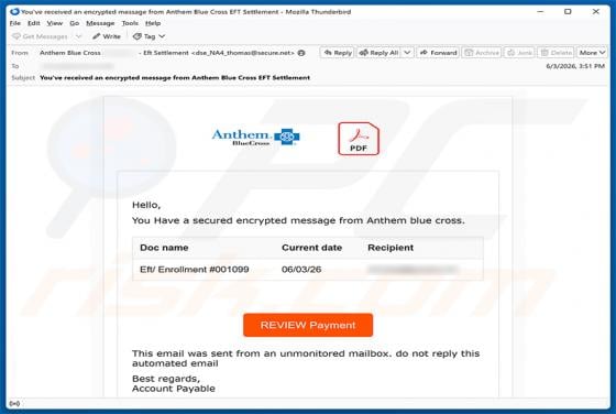 Secured Encrypted Message From Anthem Blue Cross Email Scam