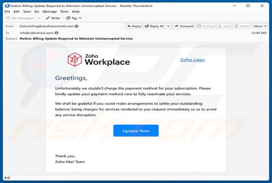 Zoho Workplace Payment Method Update Email Scam