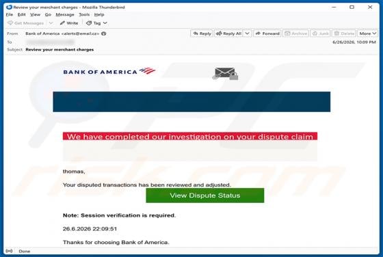 Bank Of America - Dispute Claim Email Scam