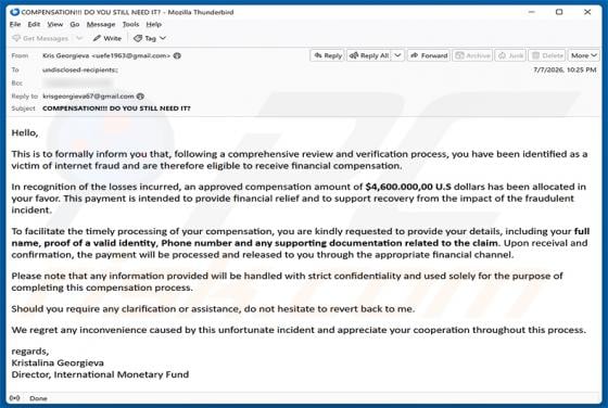 Internet Fraud Victim Compensation Email Scam