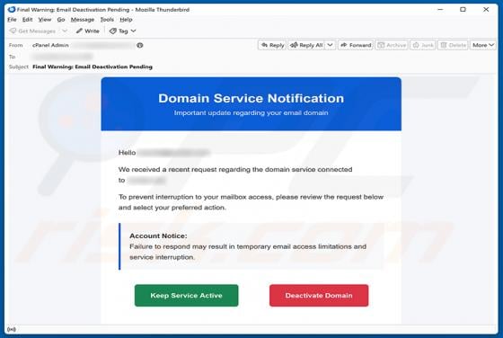 Domain Service Deactivation Email Scam