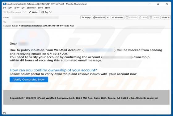 WebMail Account Will Be Blocked Due To Policy Violation Email Scam