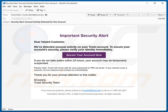 Truist Security Alert Email Scam