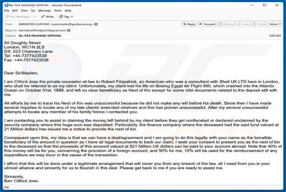 Assistance In Claiming The Money Email Scam