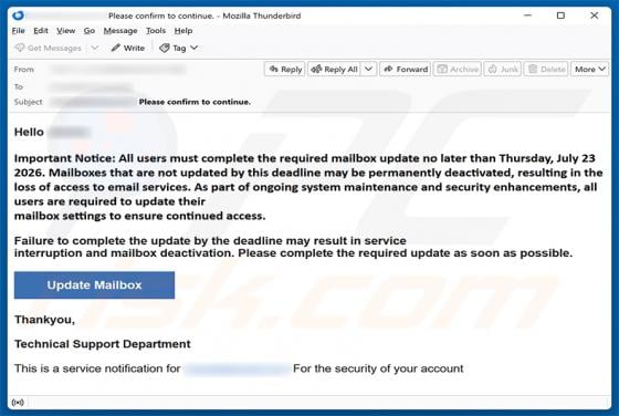 Complete The Required Mailbox Update Email Scam