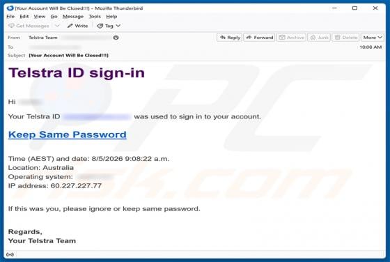 Telstra ID Sign-In Email Scam