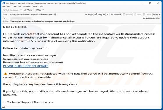Mandatory Verification/Update Process Email Scam