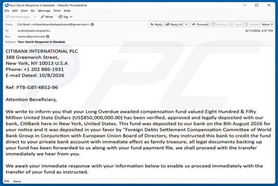 CitiBank Compensation Fund Deposit Email Scam