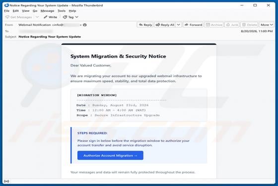 System Migration & Security Notice Email Scam