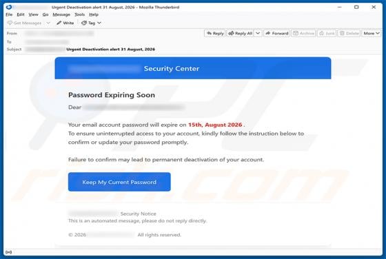Security Center - Password Expiring Soon Email Scam