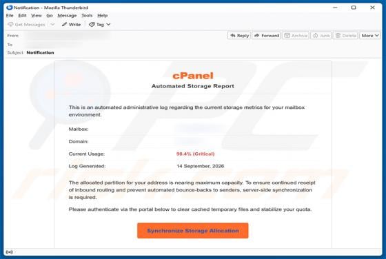 cPanel - Automated Storage Report Email Scam