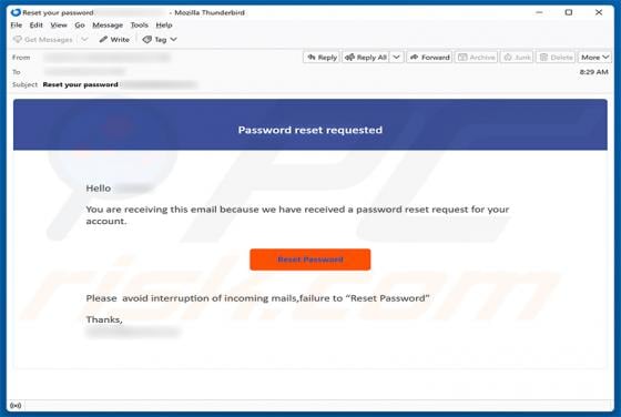 Password Reset Request Email Scam