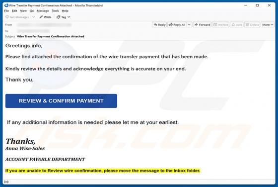 Wire Transfer Payment Confirmation Email Scam