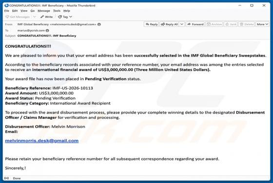 IMF Global Beneficiary Sweepstakes Email Scam