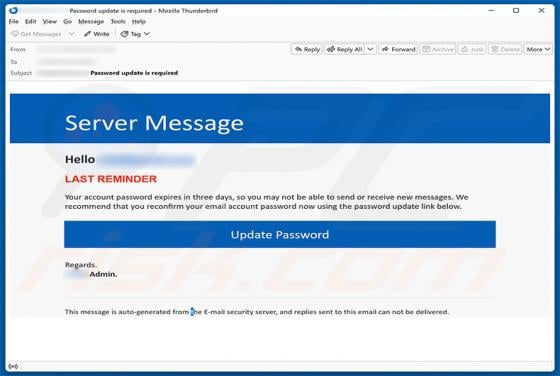 Server Message - Your Password Expires Email Scam