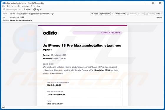 Odido - Down Payment For Phone Email Scam
