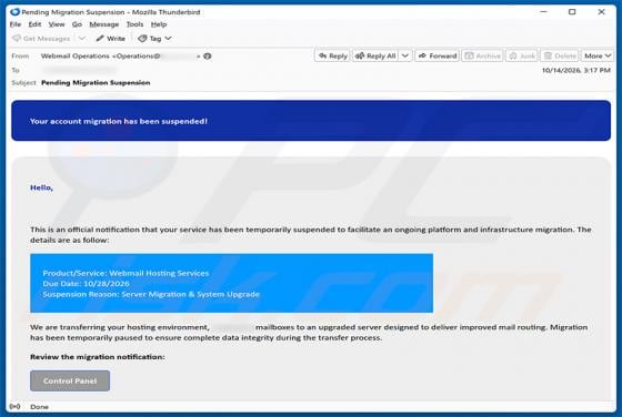 Webmail Account Migration Has Been Suspended Email Scam
