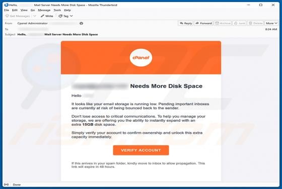 cPanel Needs More Disk Space Email Scam