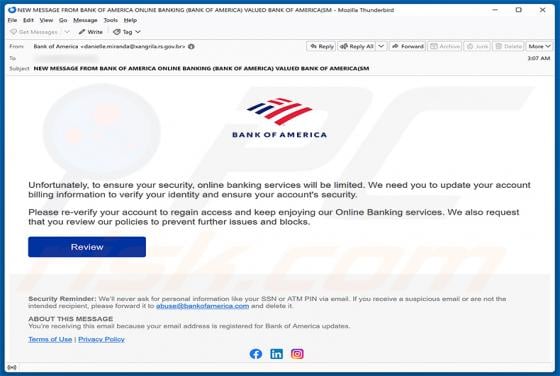 Bank Of America - Online Banking Services Limited Email Scam